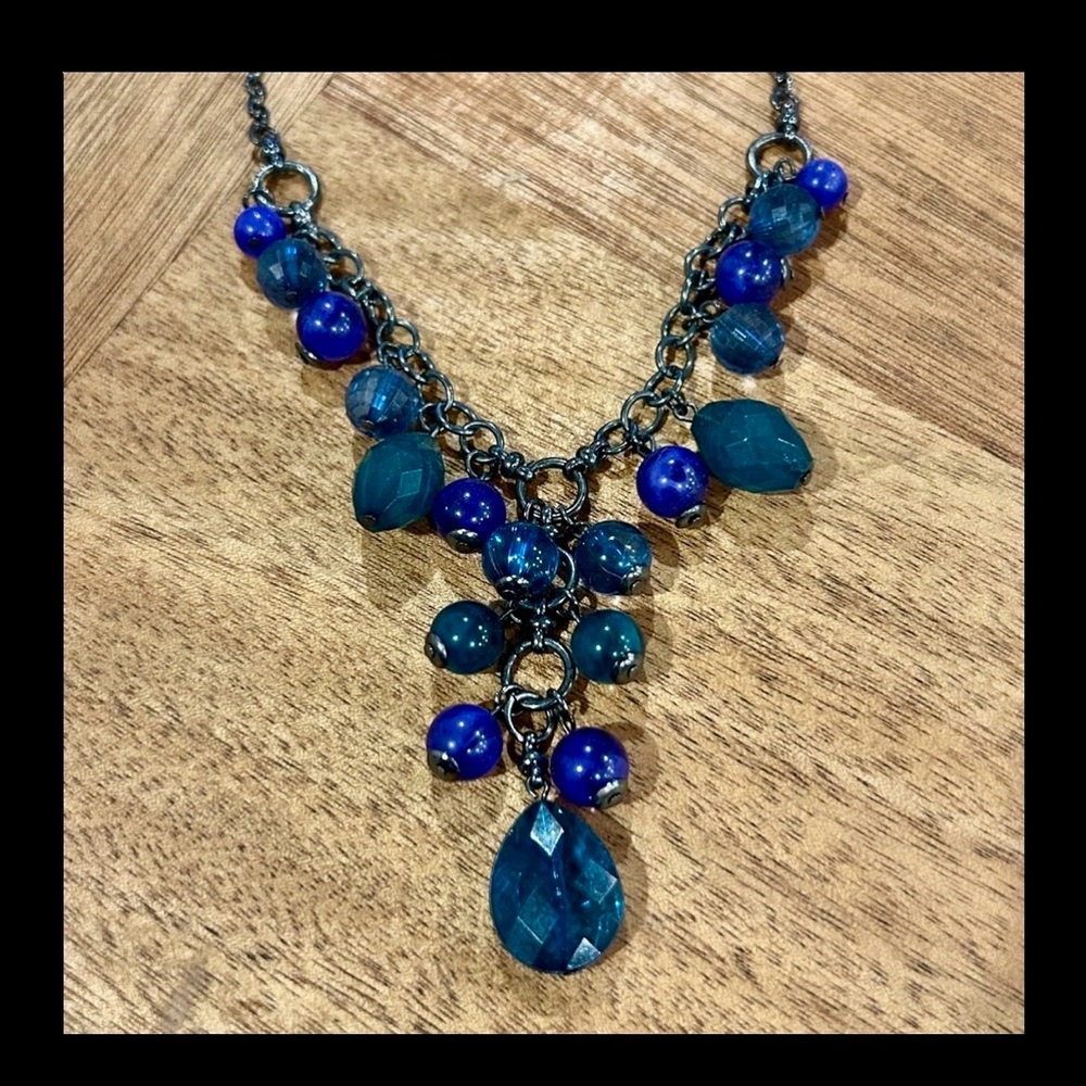 💙Cobalt Blue, Sapphire and bluish/teal Beaded Y Necklace Boho Evening Wear